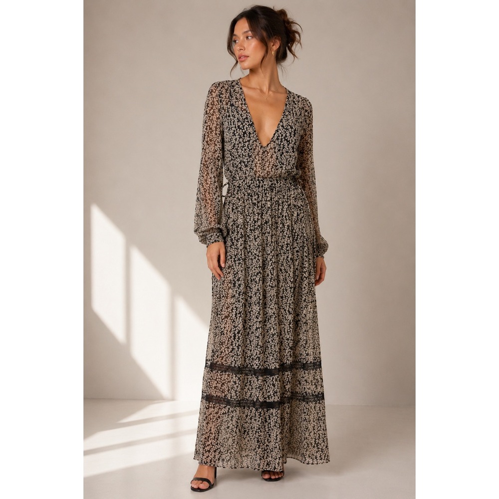 Zara Trafaluc‎ Maxi Dress Womens S Black Floral Semi Sheer Balloon Sleeve Boho